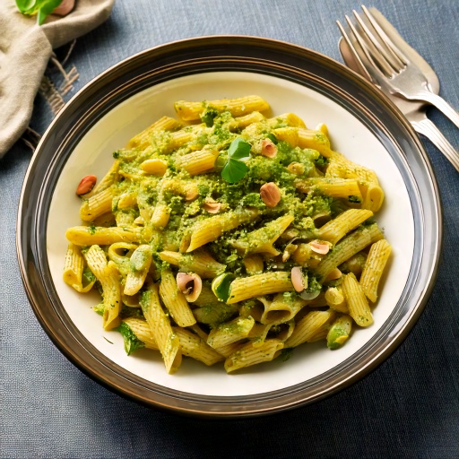 Pasta con pesto de pistachos cremoso decorado con pistachos triturados