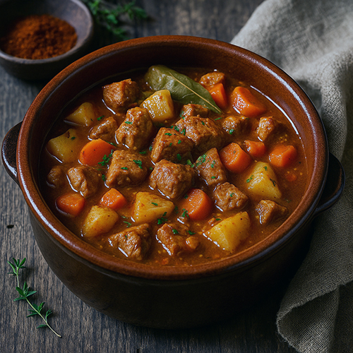 Caldereta de cerdo servida en cazuela de barro con patatas y zanahorias