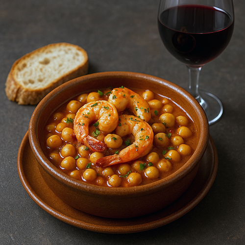 Garbanzos con langostinos guisados, plato tradicional andaluz
