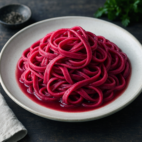 Tallarines rosa con salsa cremosa de remolacha