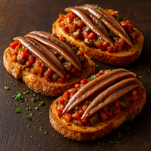 Tostas de pisto con anchoas en Mambo