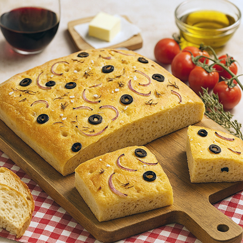 Focaccia con aceitunas, cebolla y romero en Mambo