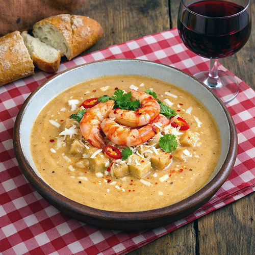 Crema thai con langostinos y coco en Mambo